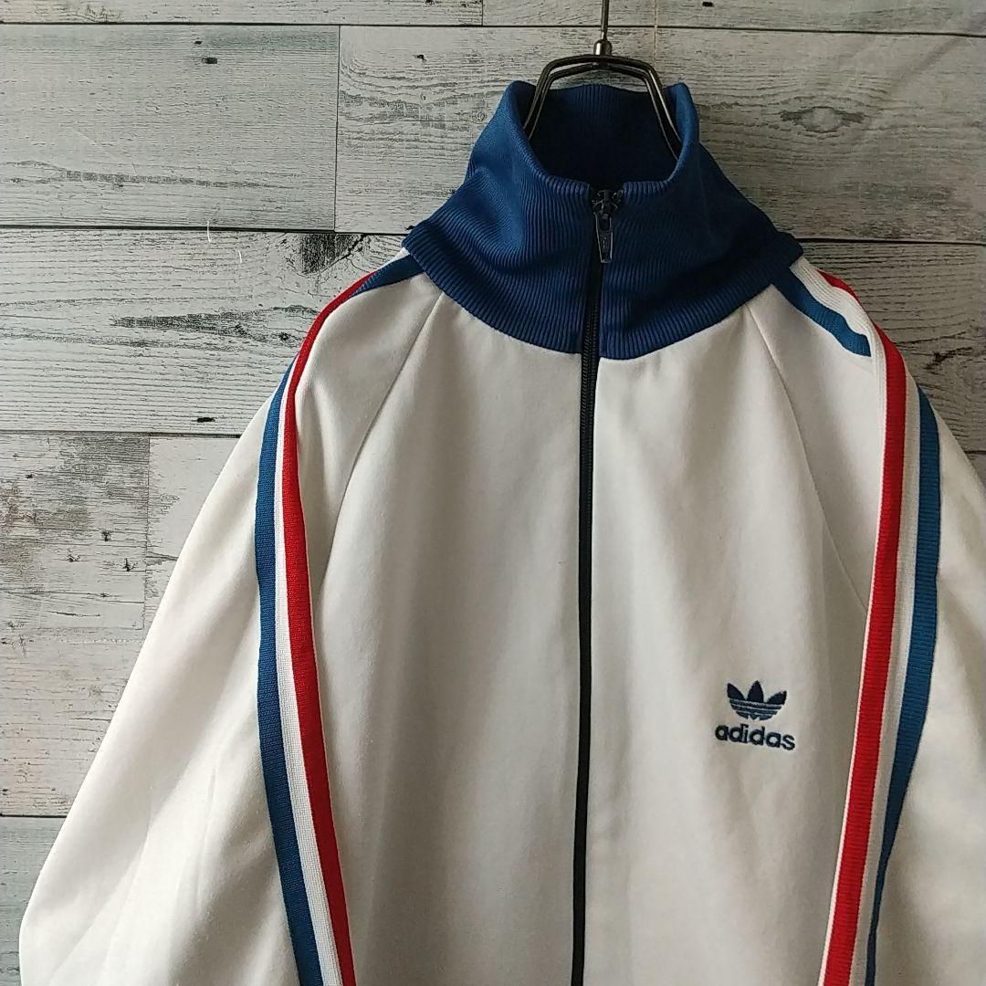 80s アディダス 刺繍ロゴ トラックジャケット デサント製 トリコカラー
