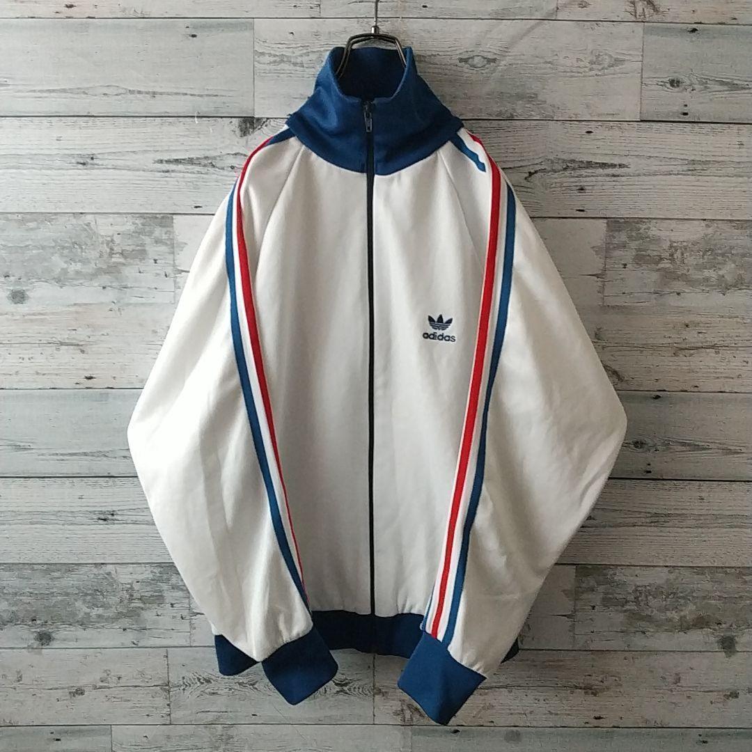 80s アディダス 刺繍ロゴ トラックジャケット デサント製 トリコカラー
