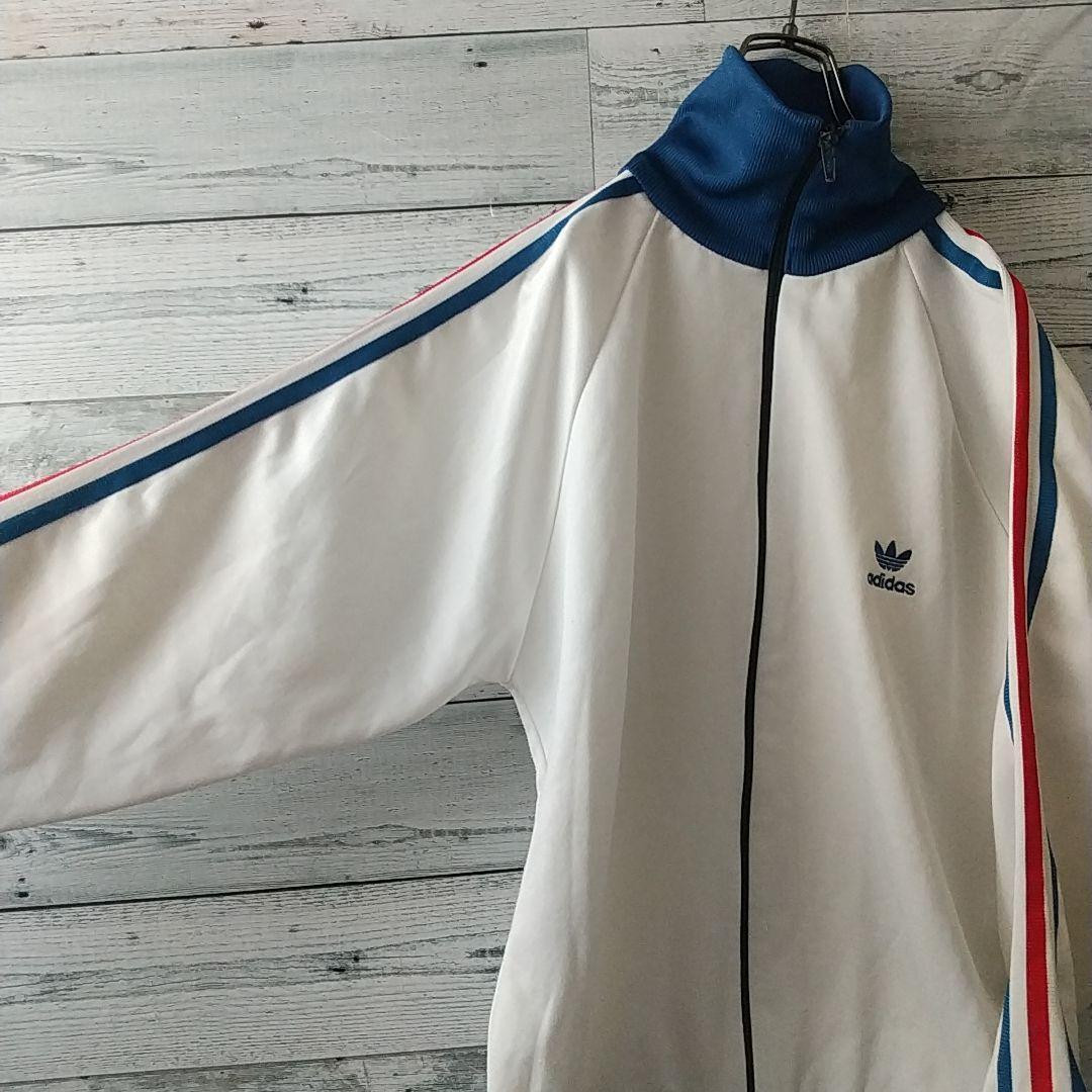 80s アディダス 刺繍ロゴ トラックジャケット デサント製 トリコカラー