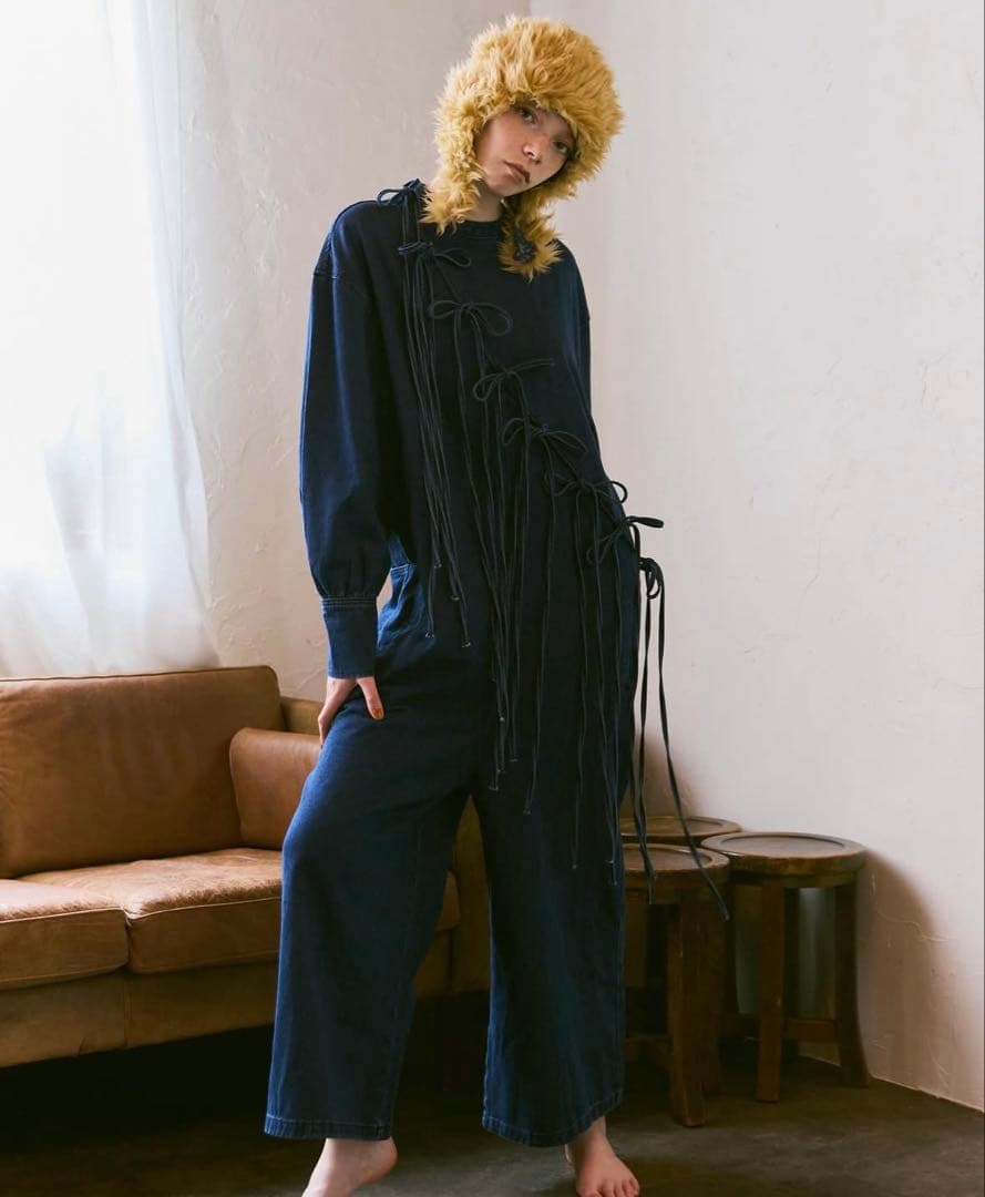 デニムリボンオールインワン