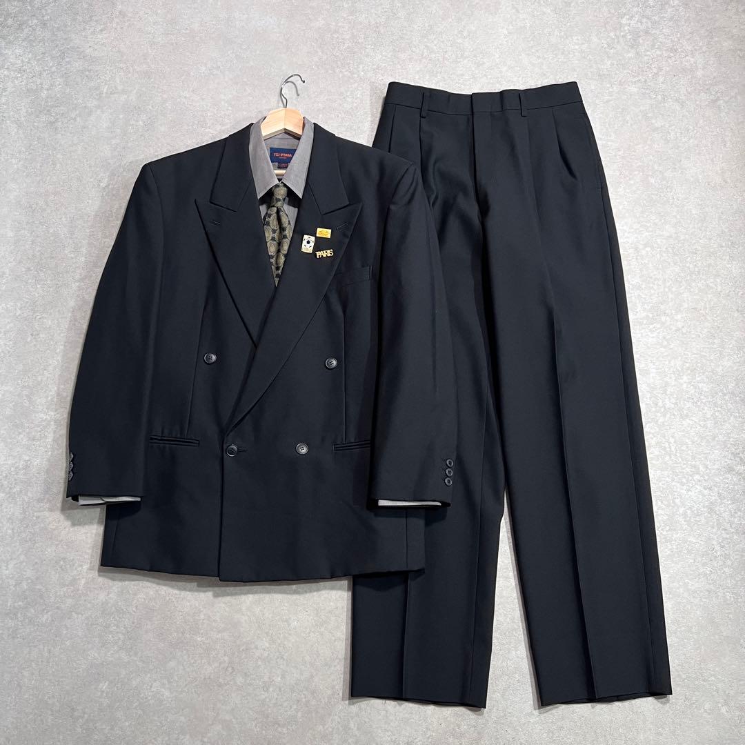 90s ヴィンテージ ダブルスーツ セットアップ 成人式 ブラックL