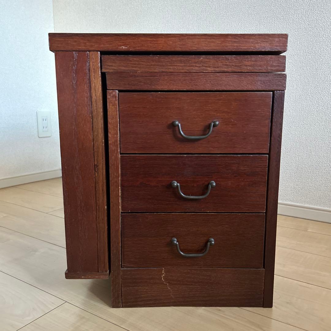 木製折りたたみ文机　和机　三段引き出し　古道具　古民具　アンティーク　昭和レトロ