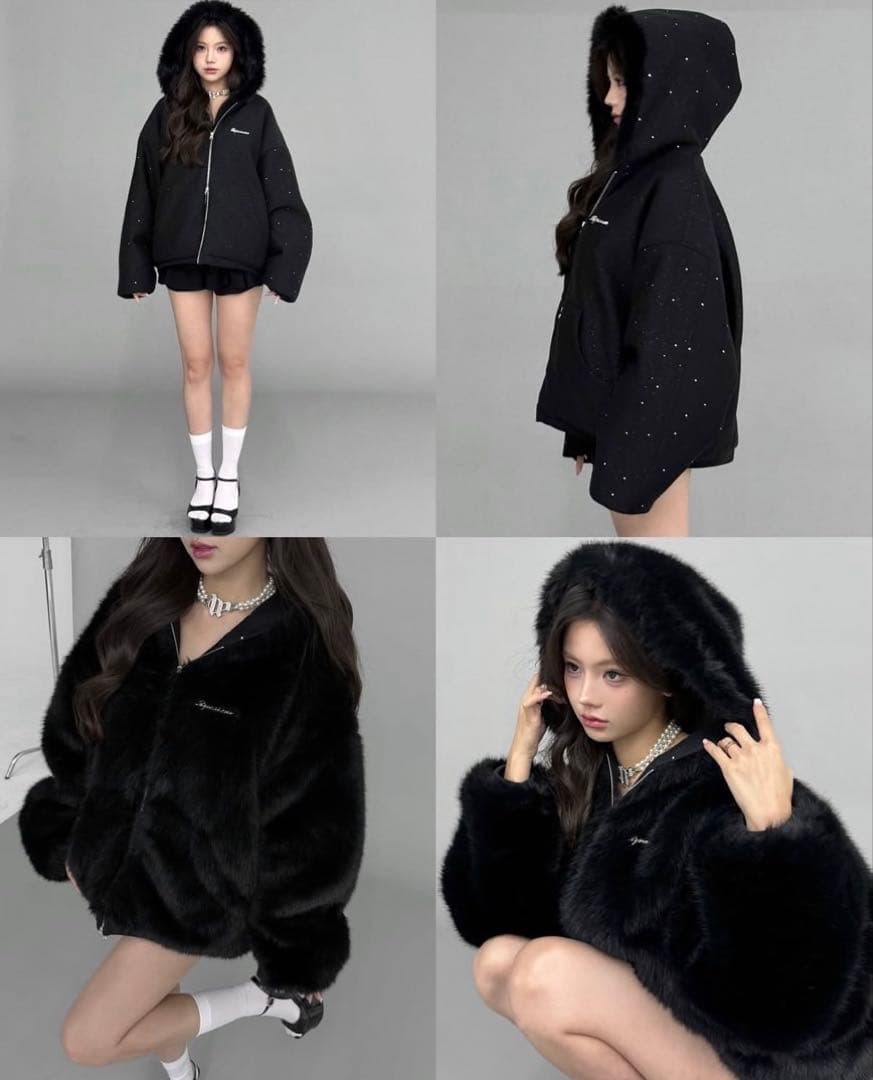 トップス andwang kirakira 2way fur zipup Black