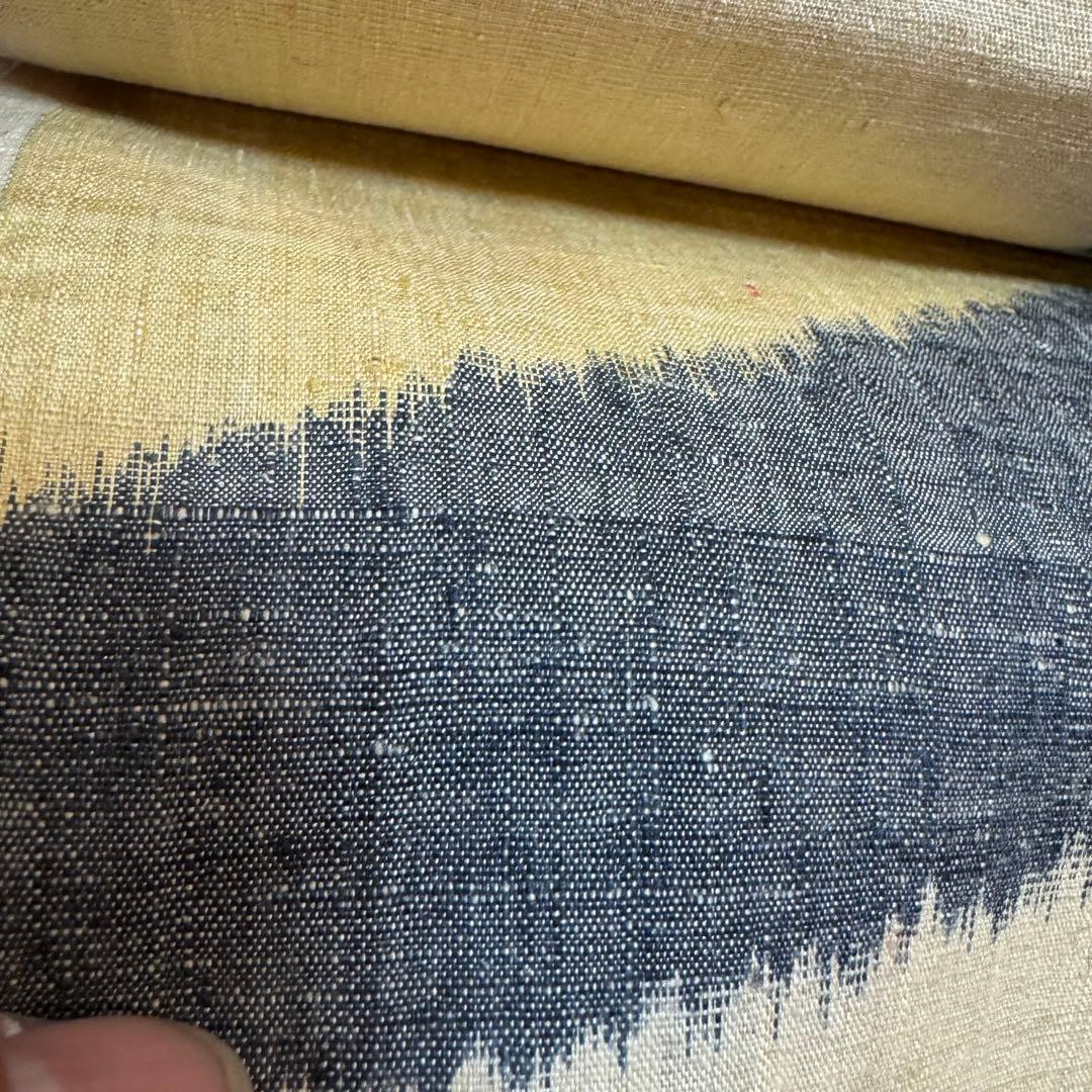 未使用　超美品　本場結城紬　無形重要文化財　結城紬　紬　反物　薄黄　紅色　黄緑