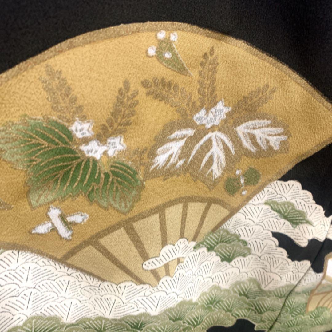 上品　正絹 黒留袖　5点フルセット 扇　袋帯　結婚式　比翼仕立て　五つ紋　末広