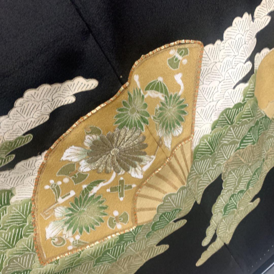 上品　正絹 黒留袖　5点フルセット 扇　袋帯　結婚式　比翼仕立て　五つ紋　末広