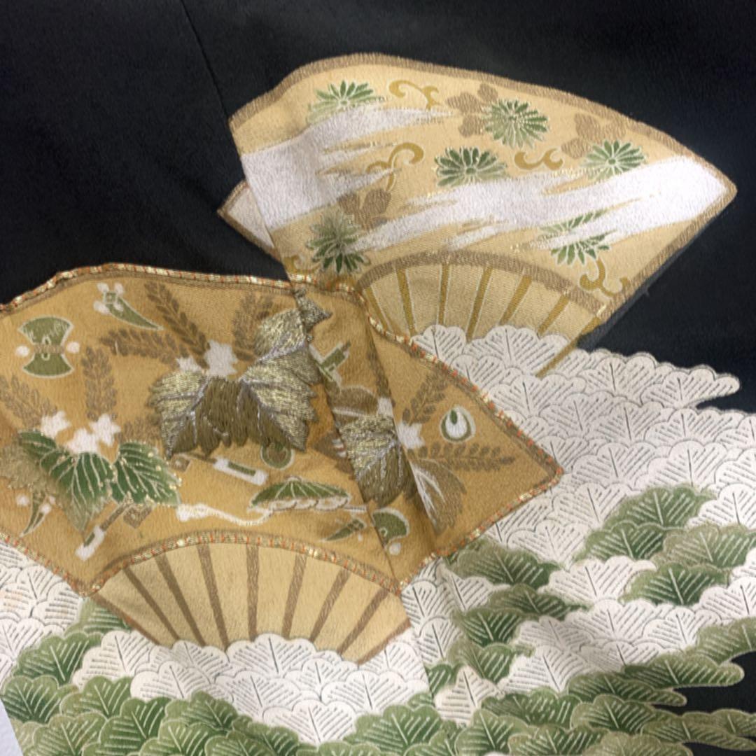 上品　正絹 黒留袖　5点フルセット 扇　袋帯　結婚式　比翼仕立て　五つ紋　末広