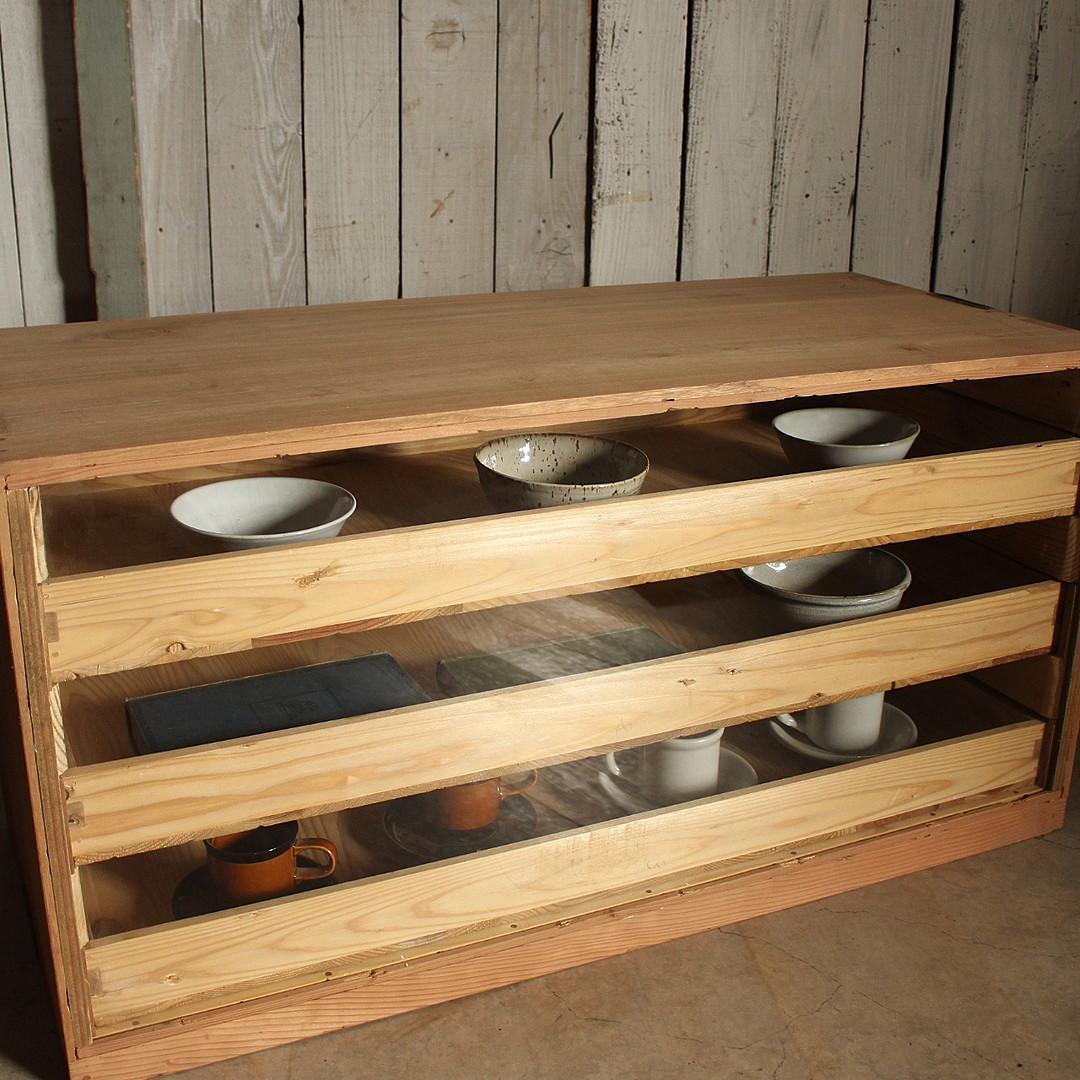 木製引き出し3段×ガラスケース　ガラスケース　食器棚　シャツケース　収納　古家具