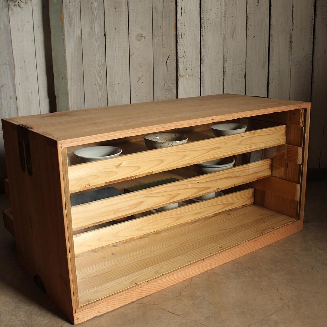 木製引き出し3段×ガラスケース　ガラスケース　食器棚　シャツケース　収納　古家具