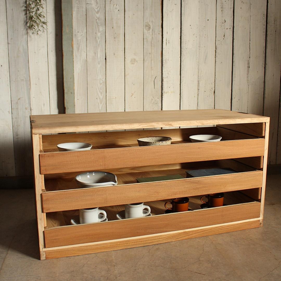 木製引き出し3段×ガラスケース　ガラスケース　食器棚　シャツケース　収納　古家具