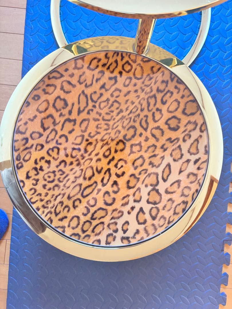 円形スライドテーブル　サイドテーブル　豹柄　ガラステーブル　ラウンドテーブル