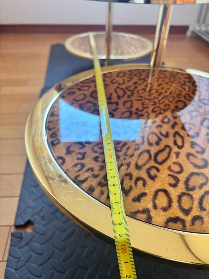 円形スライドテーブル　サイドテーブル　豹柄　ガラステーブル　ラウンドテーブル