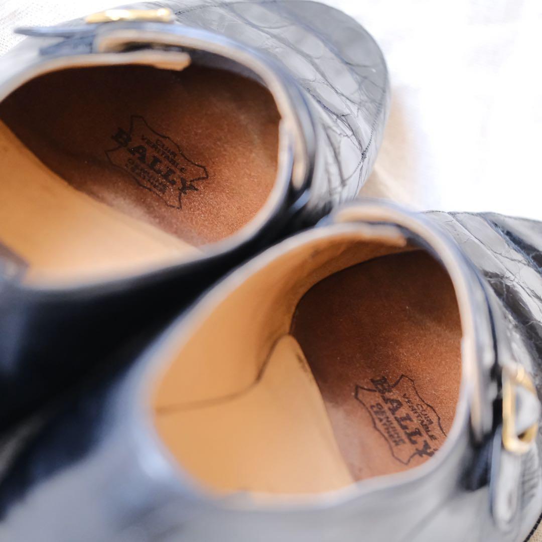 BALLYバリーエンボスクロココンビストラップローファーBENOZZO黒75F