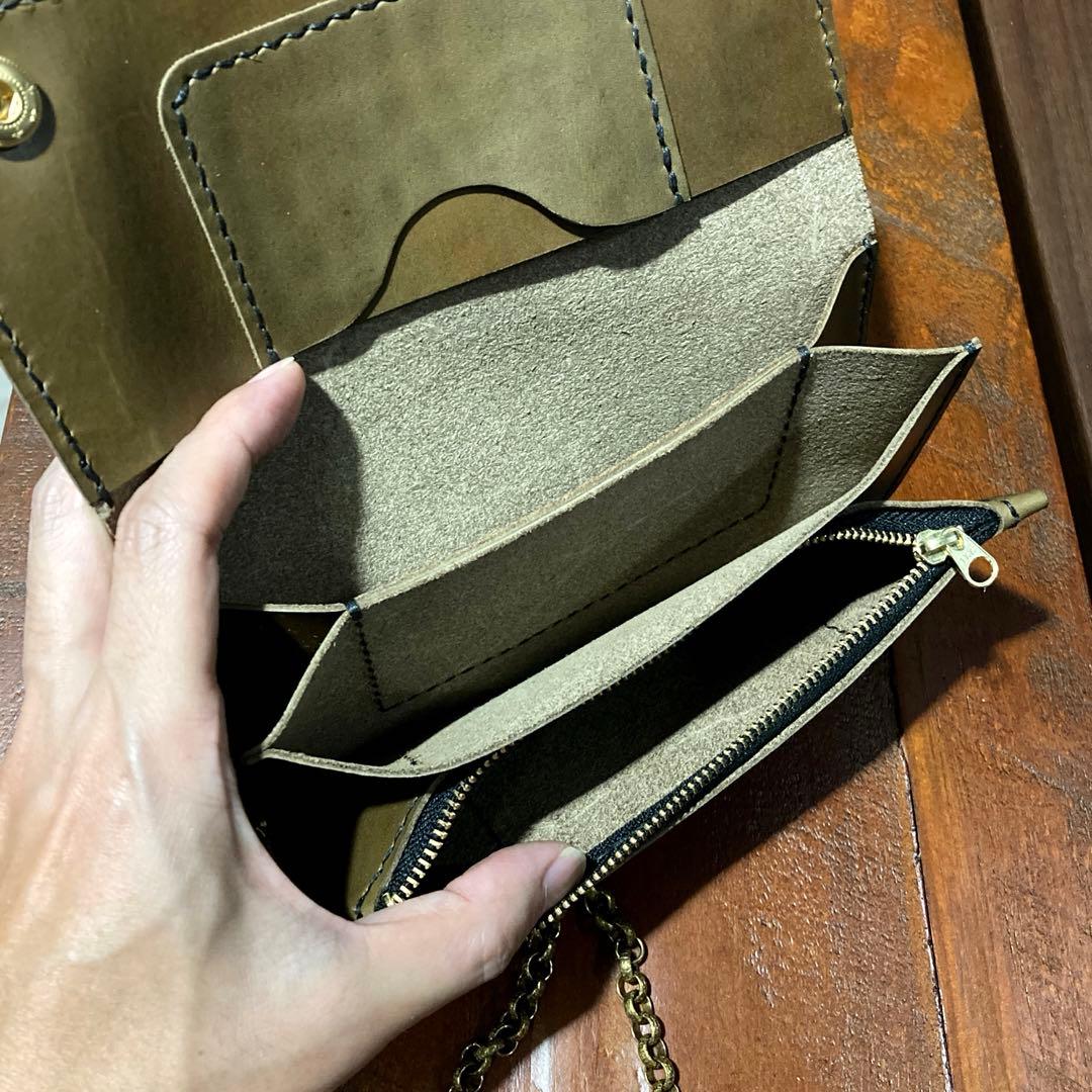 本革　財布　チェーン付き　手縫い　ヌメ革　レザークラフト ハンドメイド