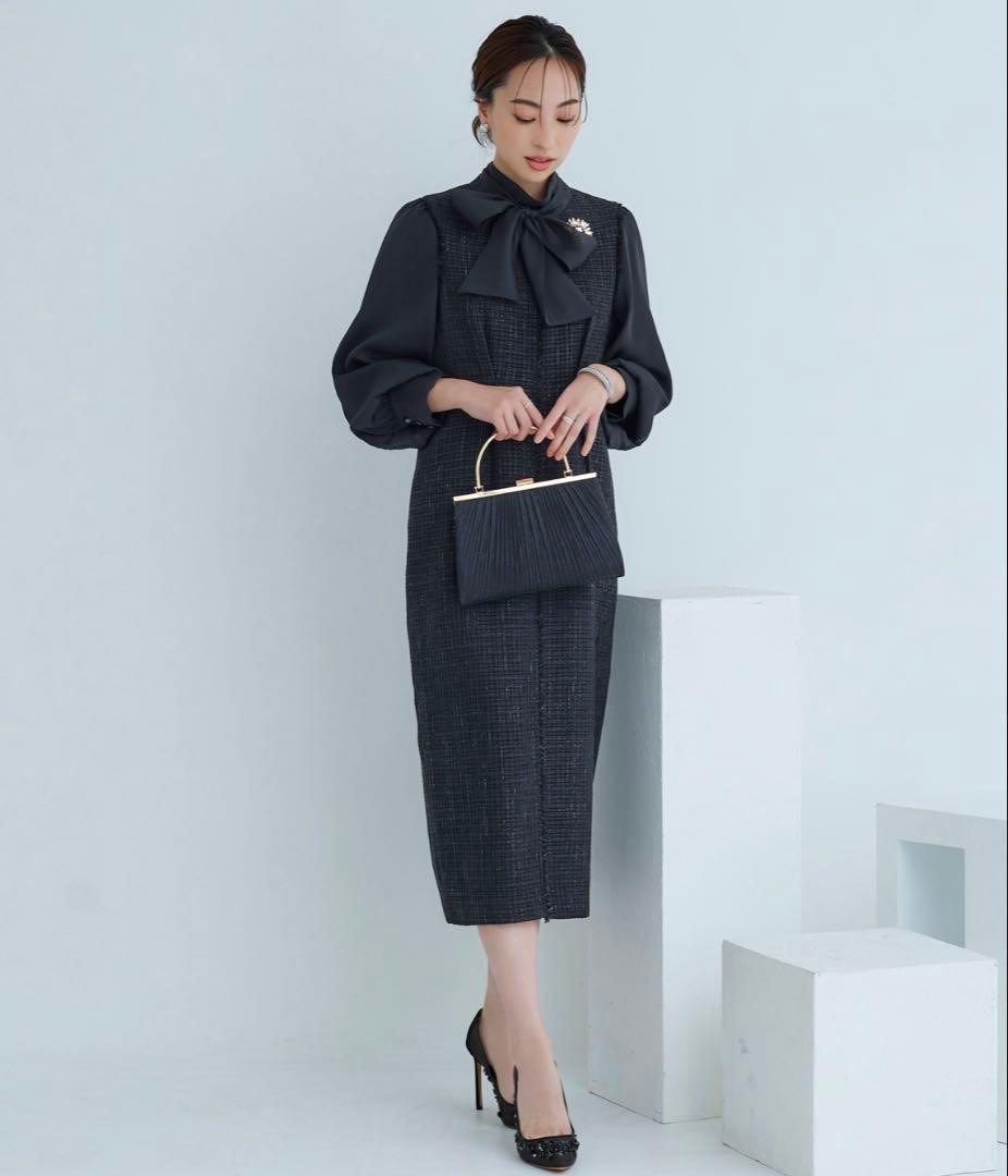 ルイルエブティック ワンピース ツイード ボウタイ リボン 黒 M