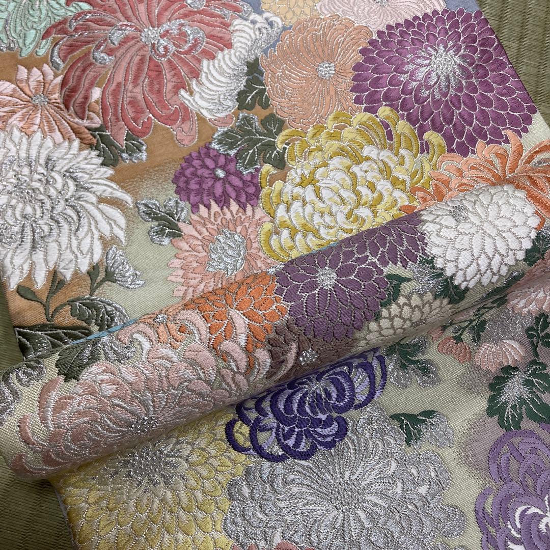 正絹　総刺繍　袋帯　【唐織　花】