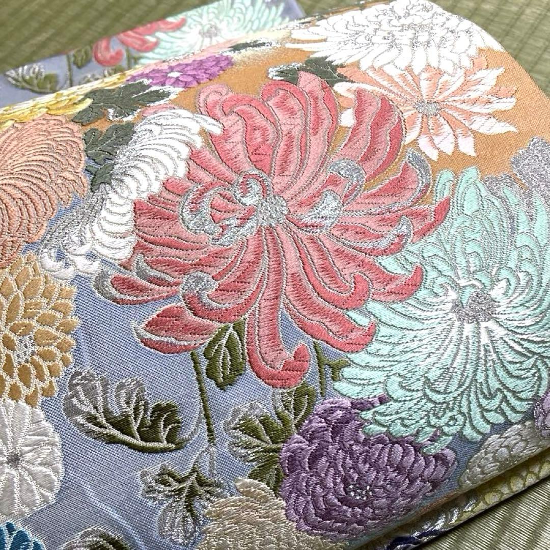 正絹　総刺繍　袋帯　【唐織　花】