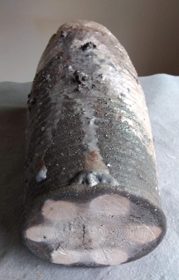 越前焼　白越不朝　塩越窯　自然灰釉究極美迸る逸品 還元窯変美筒状花器 No:12