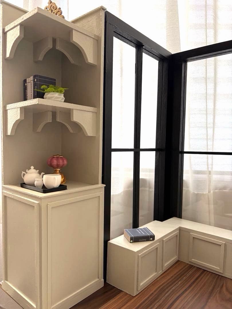 ドールハウス　撮影背景ボード　ハンドメイド☆コーナールーム＆チェア＆シェルフ家具