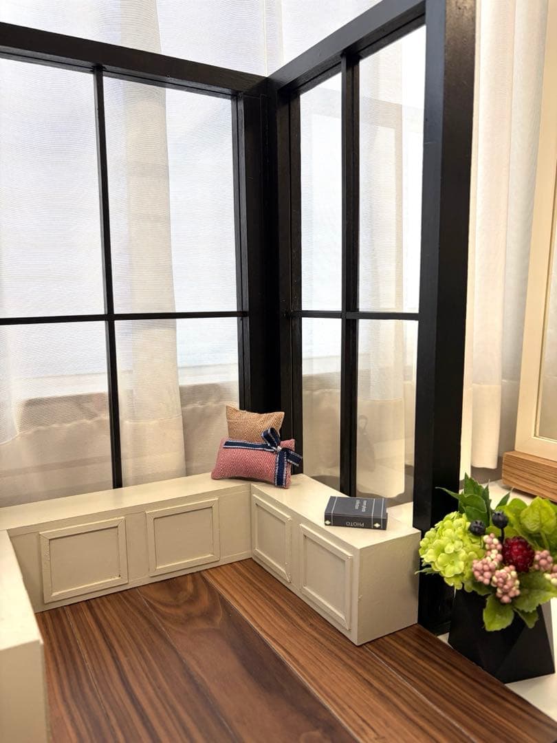 ドールハウス　撮影背景ボード　ハンドメイド☆コーナールーム＆チェア＆シェルフ家具