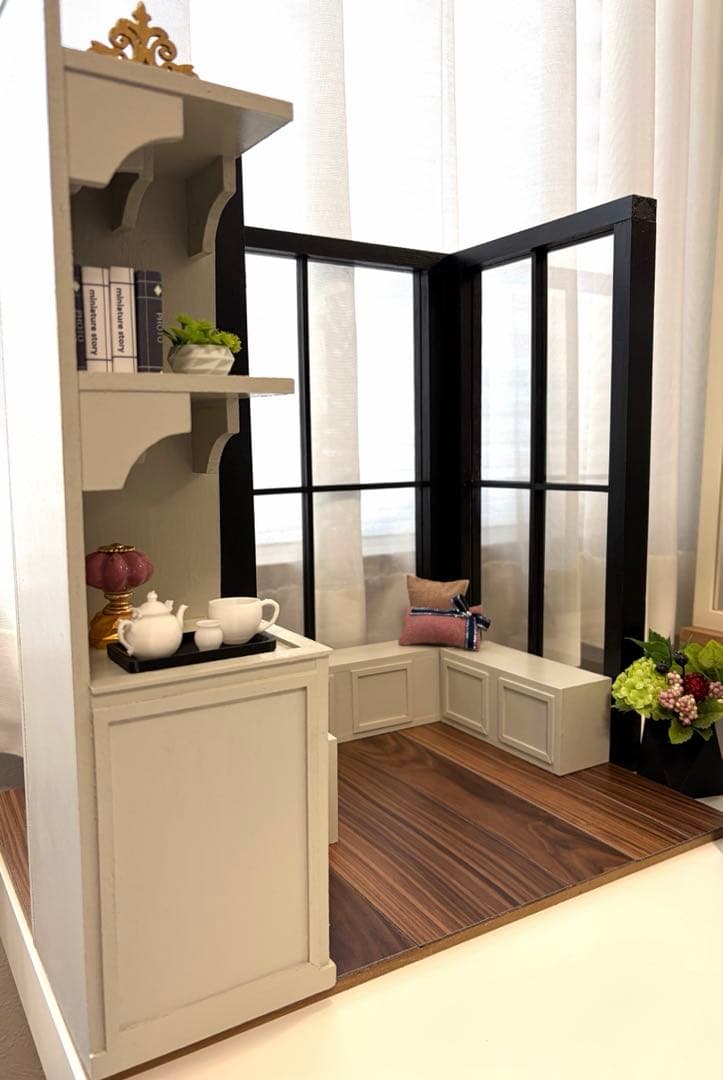 ドールハウス　撮影背景ボード　ハンドメイド☆コーナールーム＆チェア＆シェルフ家具