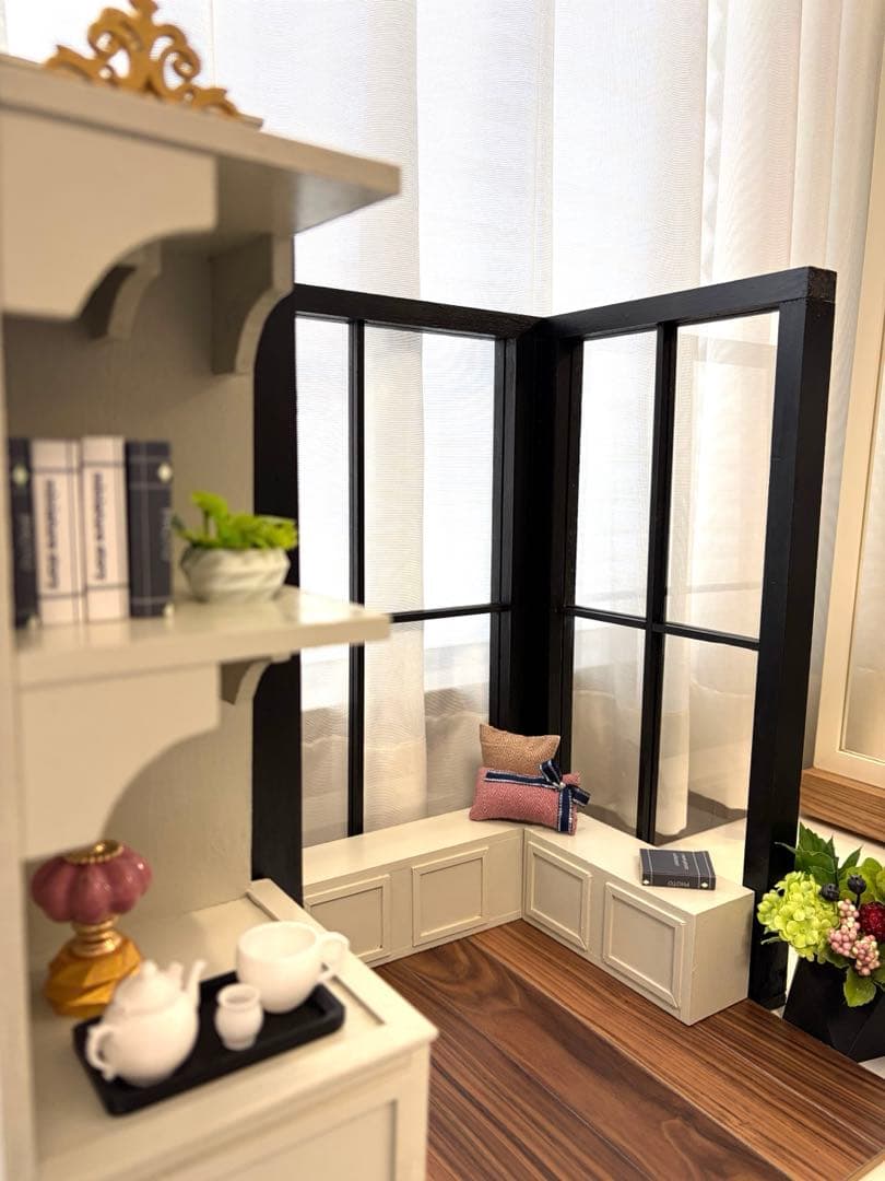 ドールハウス　撮影背景ボード　ハンドメイド☆コーナールーム＆チェア＆シェルフ家具