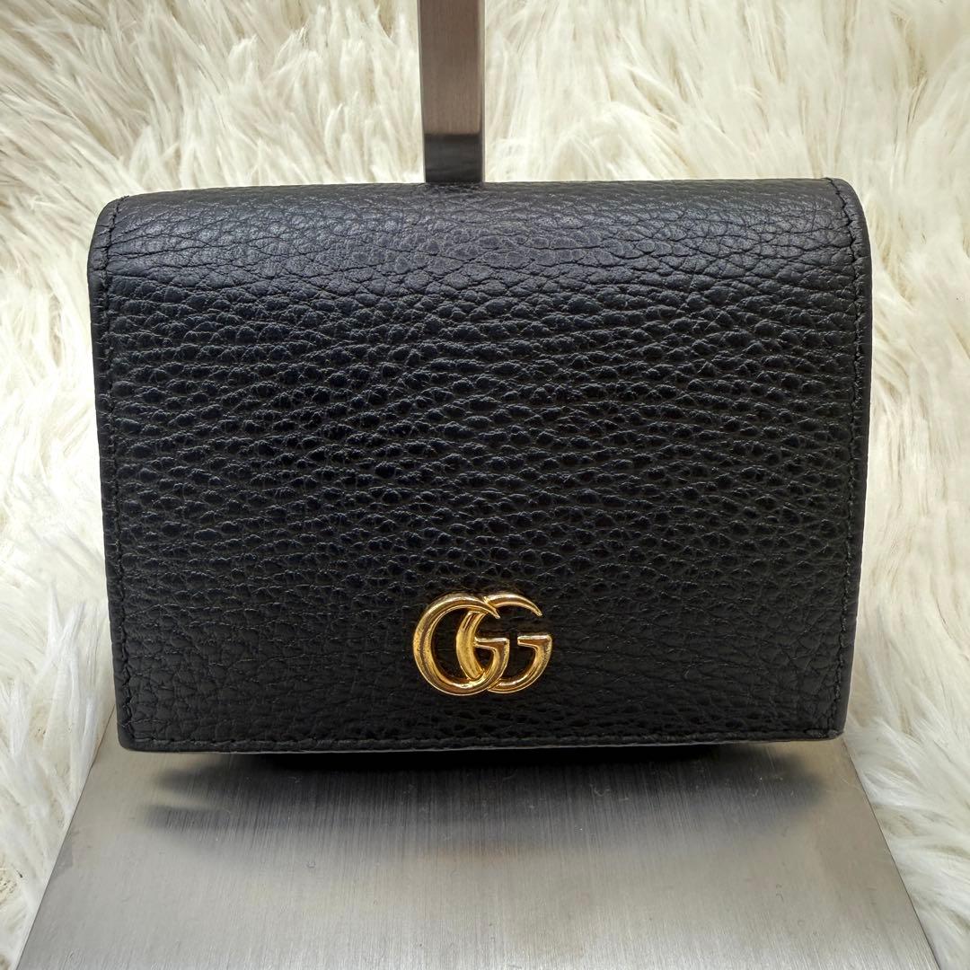 【美品】GUCCI　マーモント　二つ折り財布　GG　レザー　ブラック