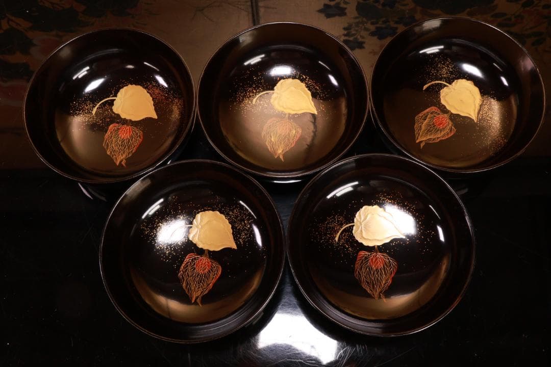 turu　BJ023 時代輪島塗　鬼灯図金蒔絵　吸物椀　八客　木製