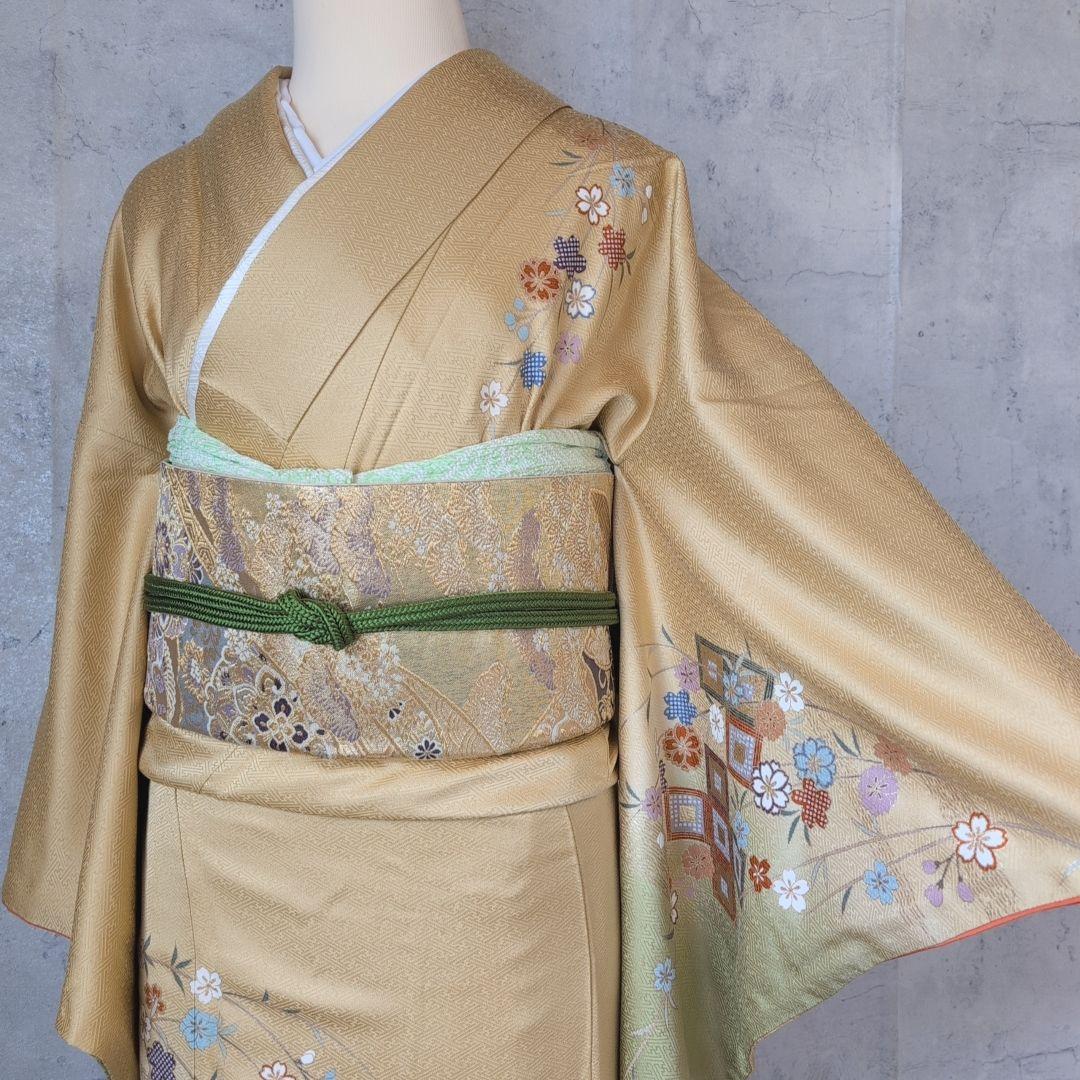 訪問着＋長襦袢　フルセット　着物　正絹　黄金色　比翼仕立て　花　金駒刺繍　O8