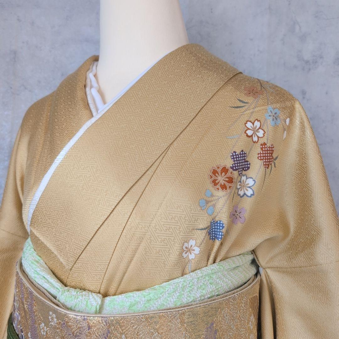 訪問着＋長襦袢　フルセット　着物　正絹　黄金色　比翼仕立て　花　金駒刺繍　O8