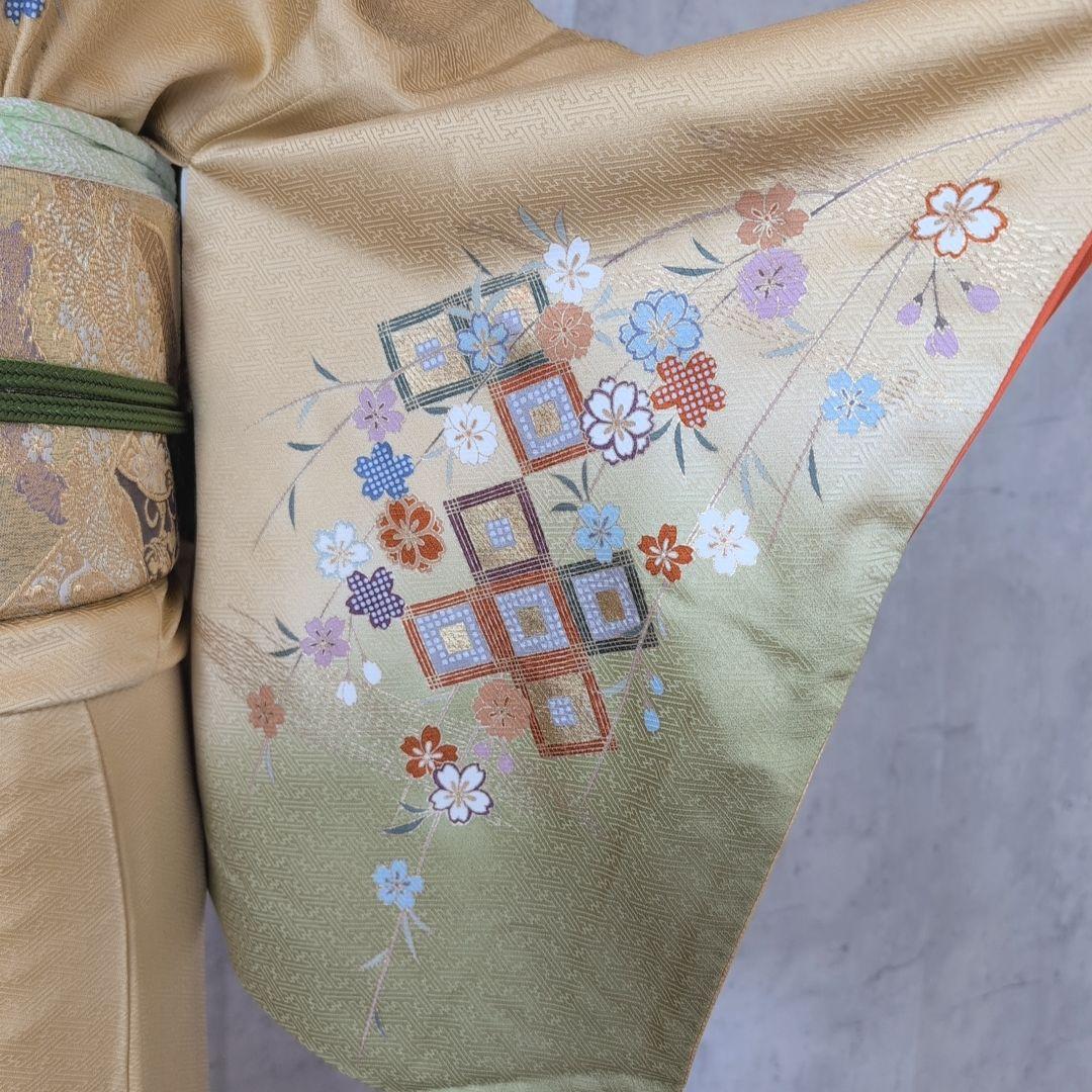 訪問着＋長襦袢　フルセット　着物　正絹　黄金色　比翼仕立て　花　金駒刺繍　O8