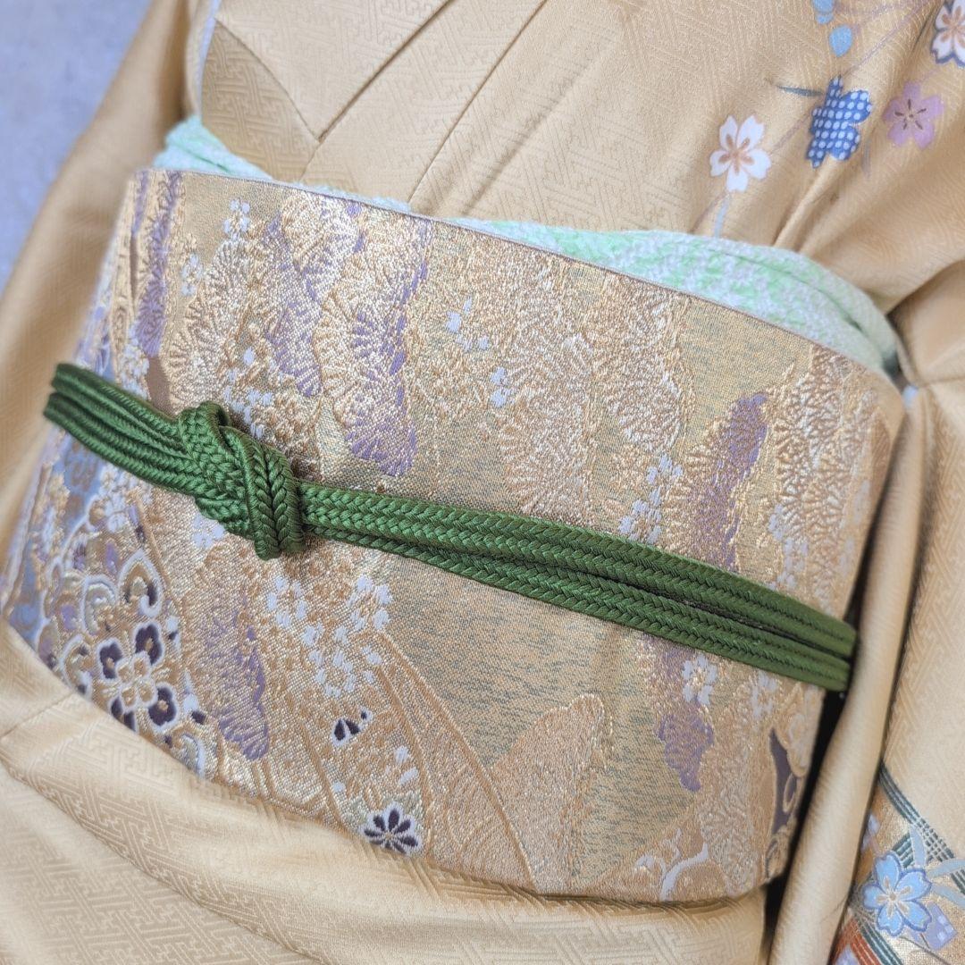 訪問着＋長襦袢　フルセット　着物　正絹　黄金色　比翼仕立て　花　金駒刺繍　O8