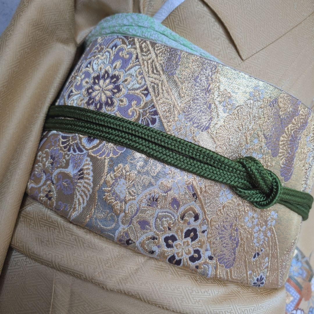 訪問着＋長襦袢　フルセット　着物　正絹　黄金色　比翼仕立て　花　金駒刺繍　O8