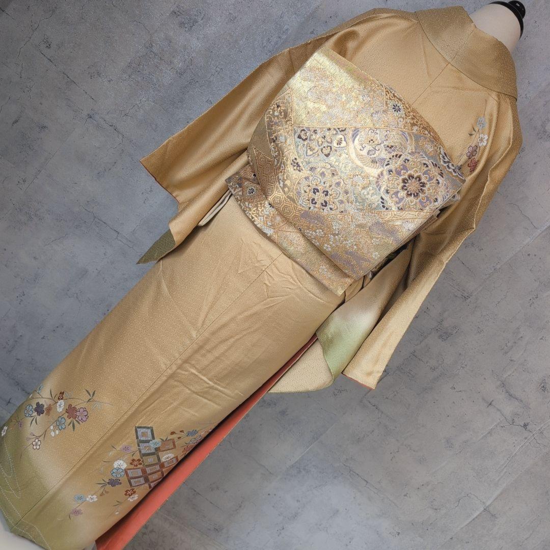 訪問着＋長襦袢　フルセット　着物　正絹　黄金色　比翼仕立て　花　金駒刺繍　O8