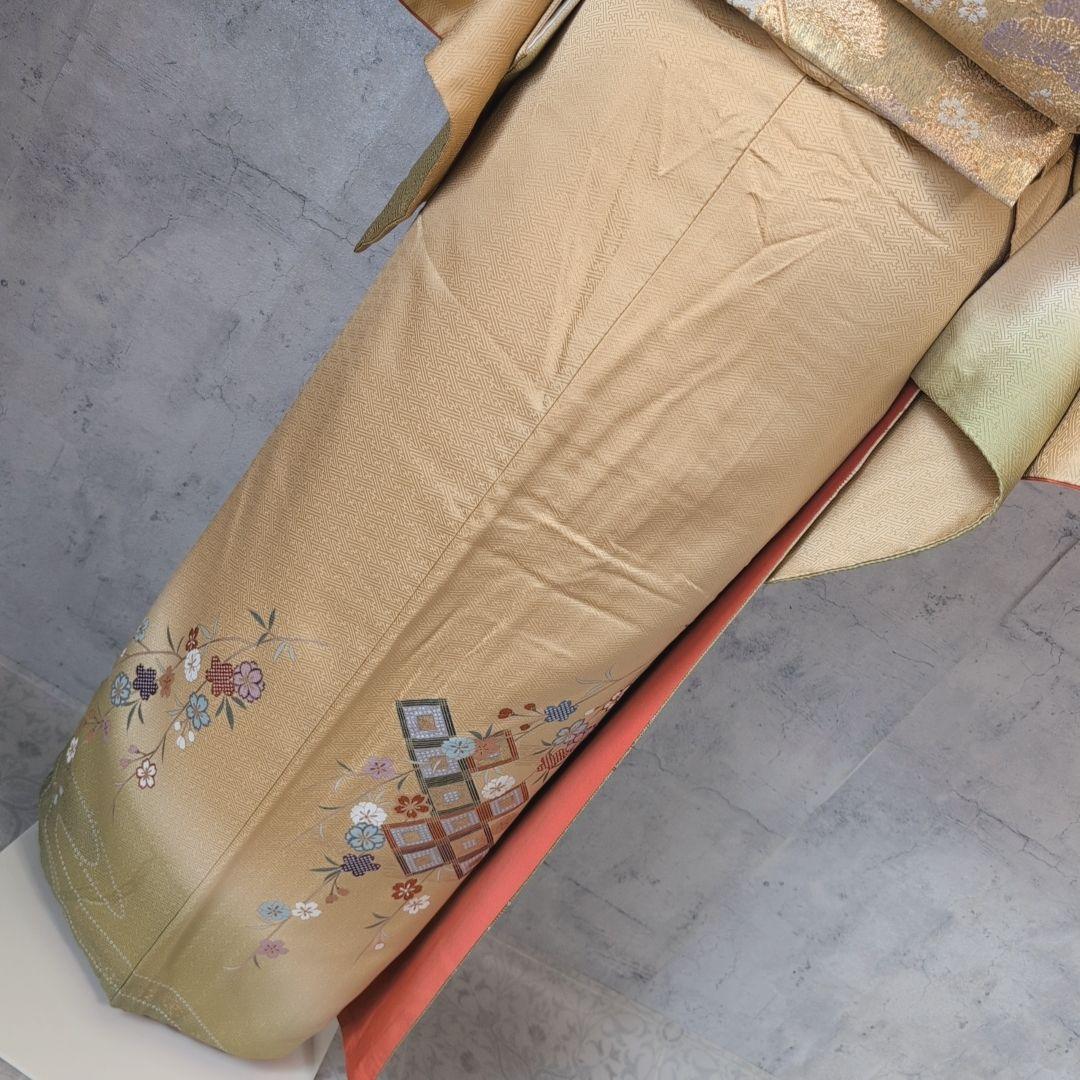 訪問着＋長襦袢　フルセット　着物　正絹　黄金色　比翼仕立て　花　金駒刺繍　O8