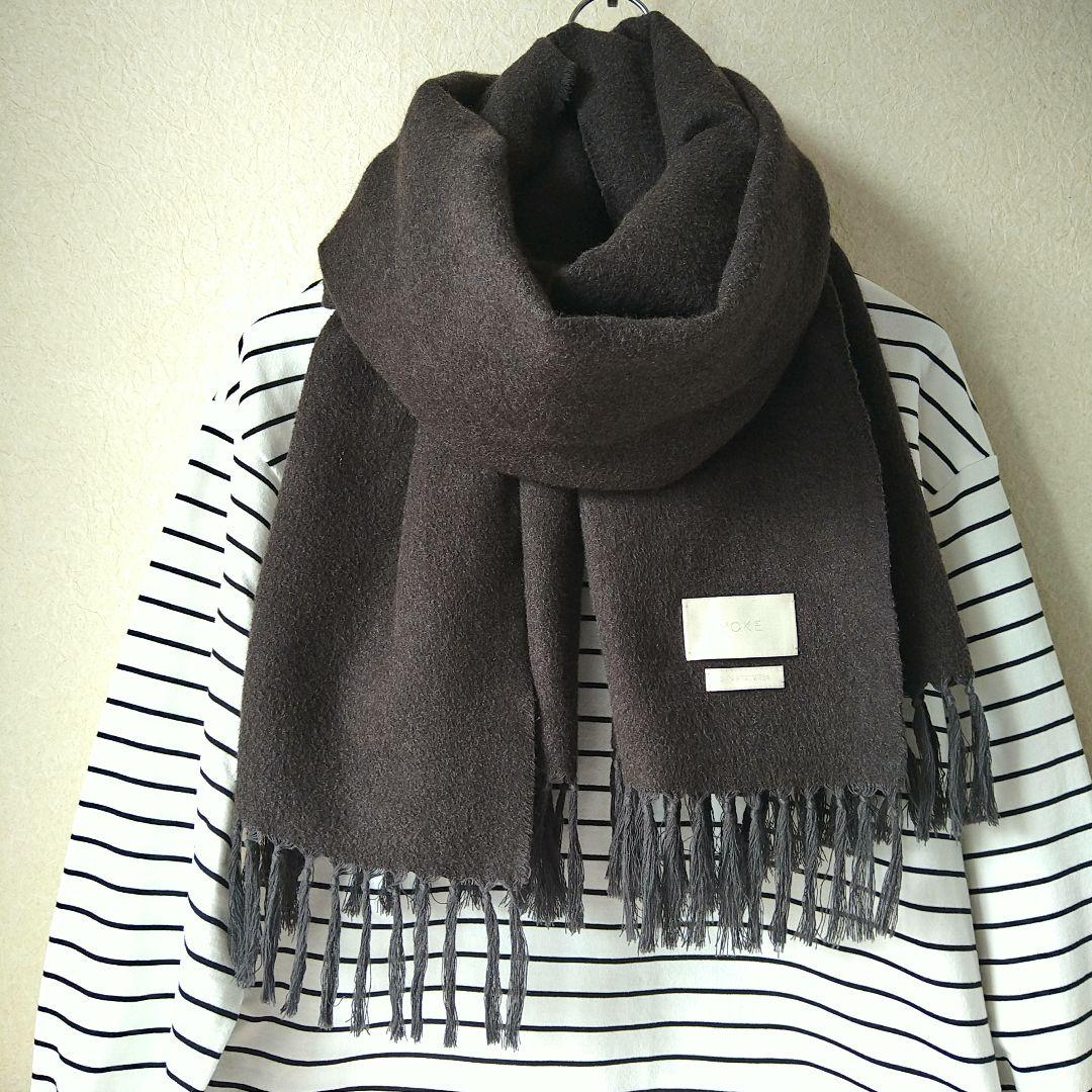 YOKEストール/コットン/グレージュ黒/無地/メンズ/フリンジ大判/レディース