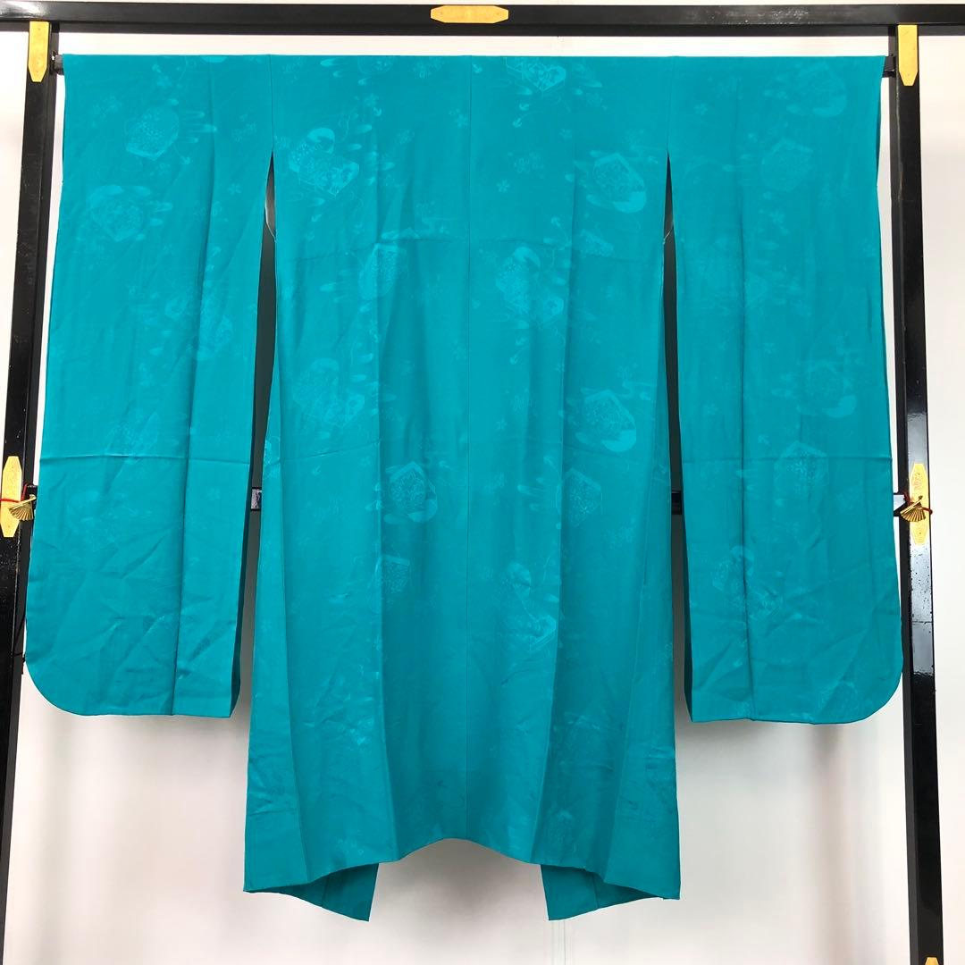 MK-1602 長襦袢 振袖 文箱柄 ターコイズブルー 半衿付