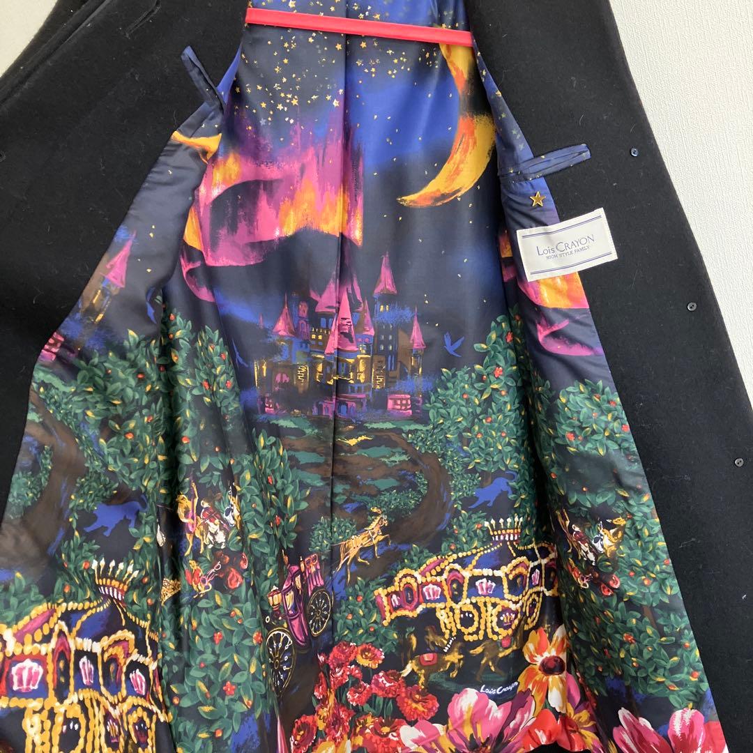 ロイスクレヨンLoisCRAYON受注生産花刺繍ウールコート黒地ラビットファー袖