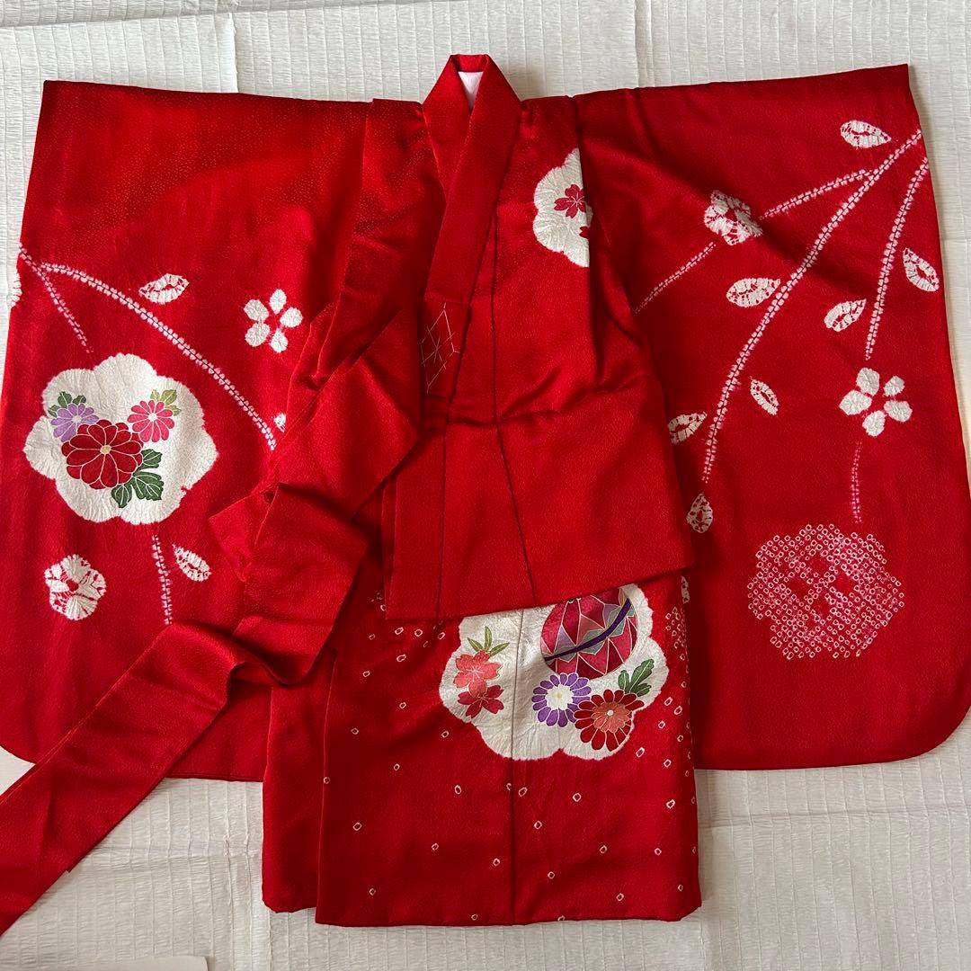 七五三 3歳 フルセット 着物 753 絹 被布 総絞り 三歳 赤 草履 刺繍