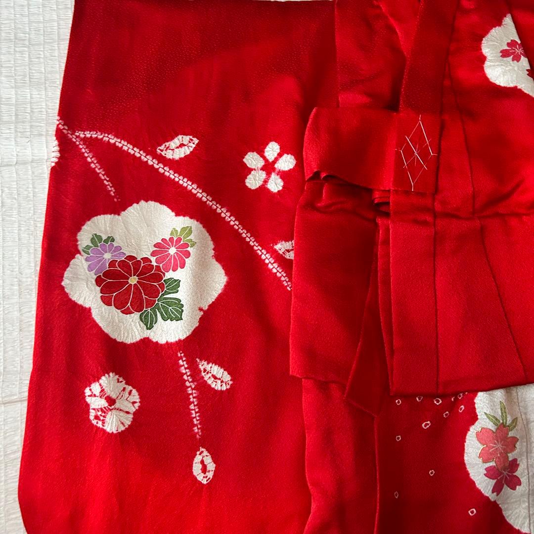 七五三 3歳 フルセット 着物 753 絹 被布 総絞り 三歳 赤 草履 刺繍