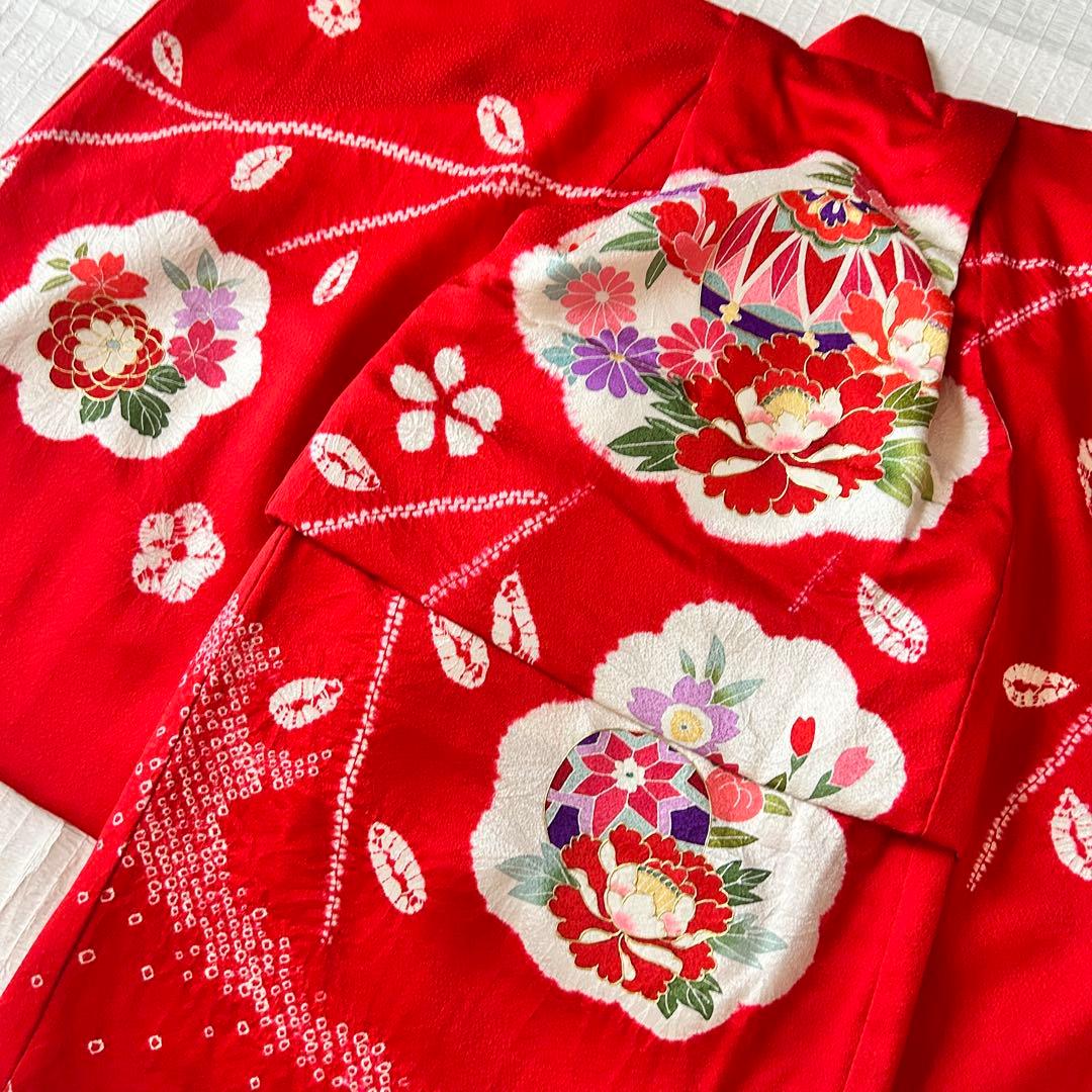 七五三 3歳 フルセット 着物 753 絹 被布 総絞り 三歳 赤 草履 刺繍