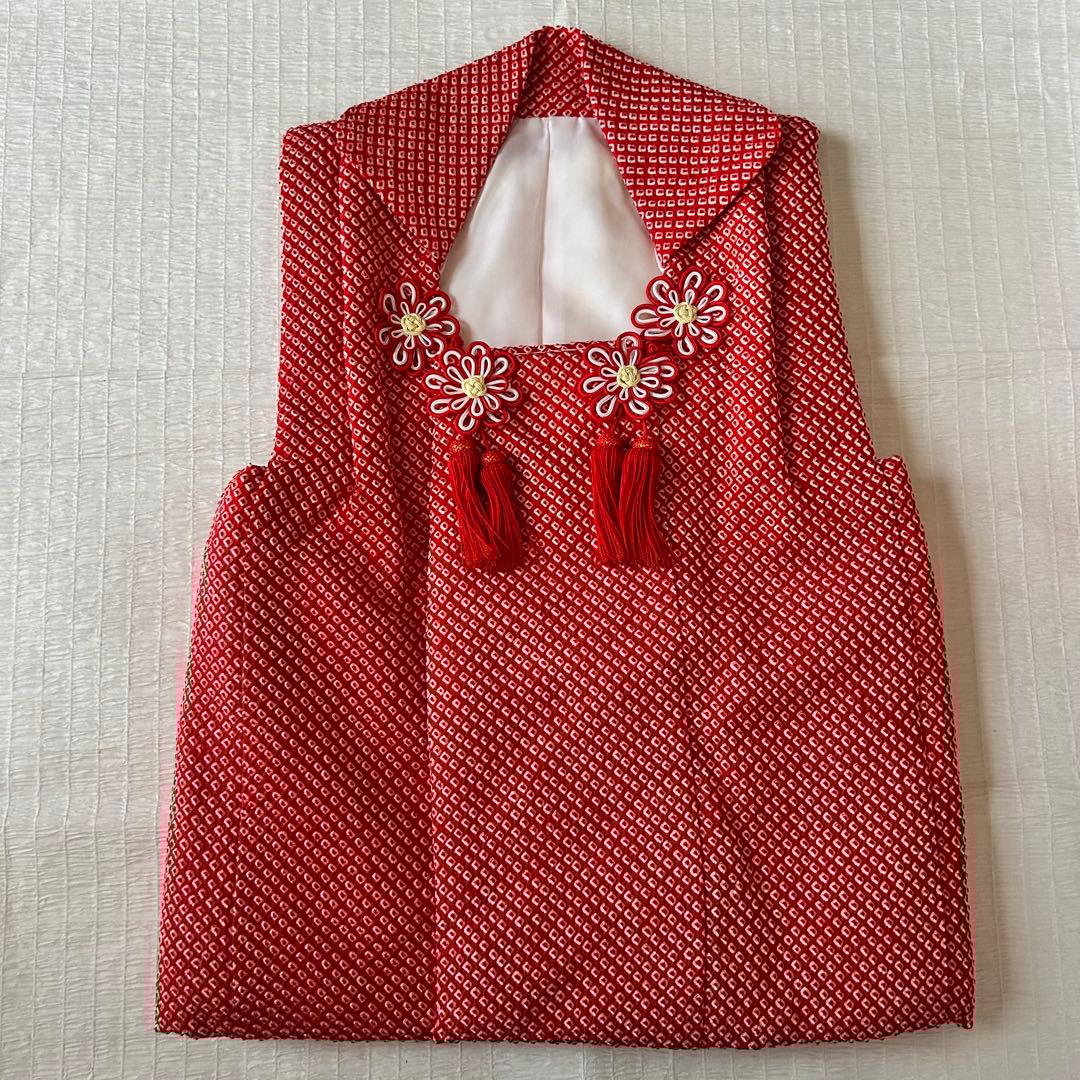 七五三 3歳 フルセット 着物 753 絹 被布 総絞り 三歳 赤 草履 刺繍