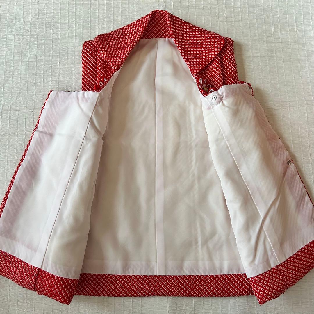 七五三 3歳 フルセット 着物 753 絹 被布 総絞り 三歳 赤 草履 刺繍