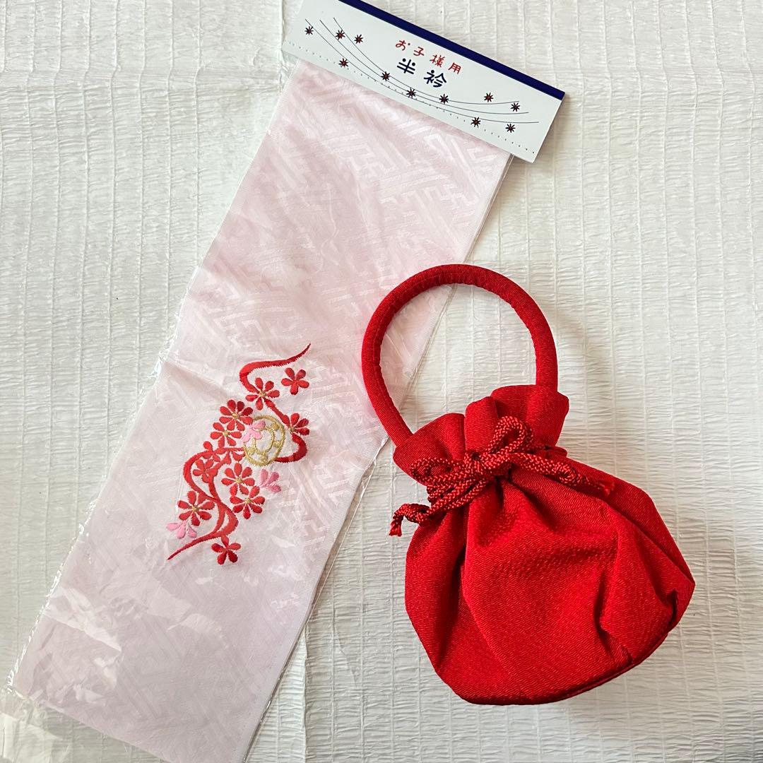 七五三 3歳 フルセット 着物 753 絹 被布 総絞り 三歳 赤 草履 刺繍