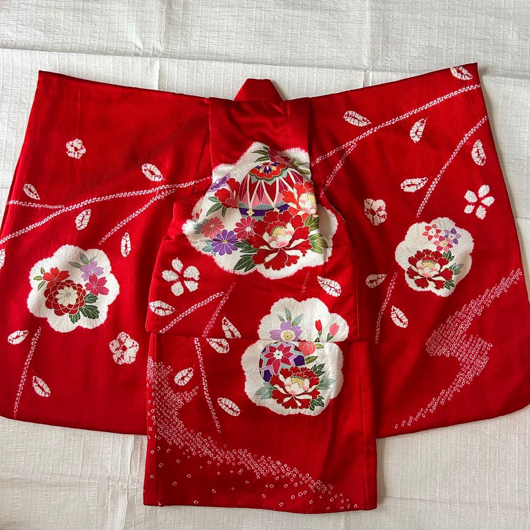 七五三 3歳 フルセット 着物 753 絹 被布 総絞り 三歳 赤 草履 刺繍