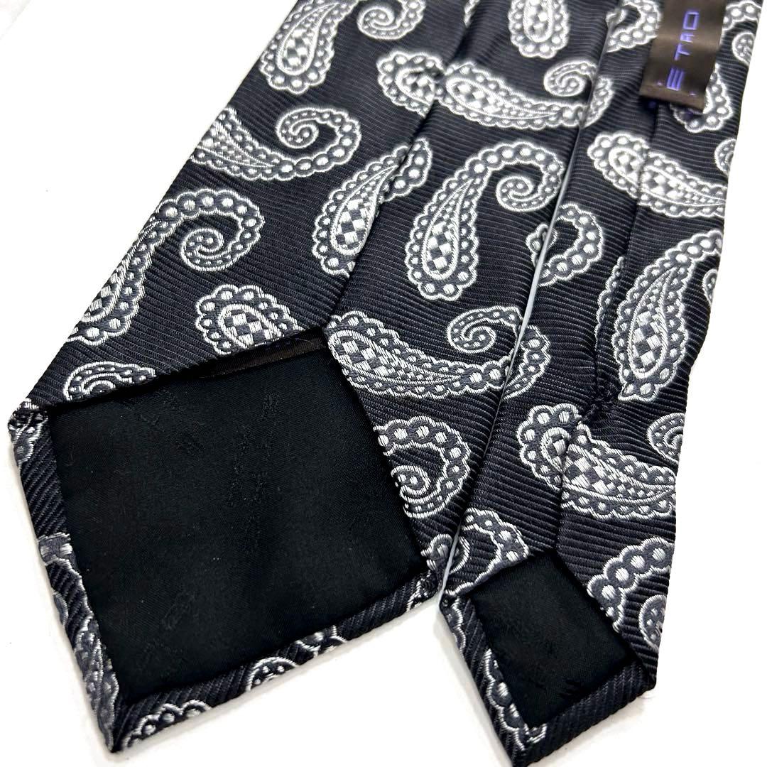 美品 エトロ ネクタイ シルク ペイズリー柄 ジャカード 黒 シルバー