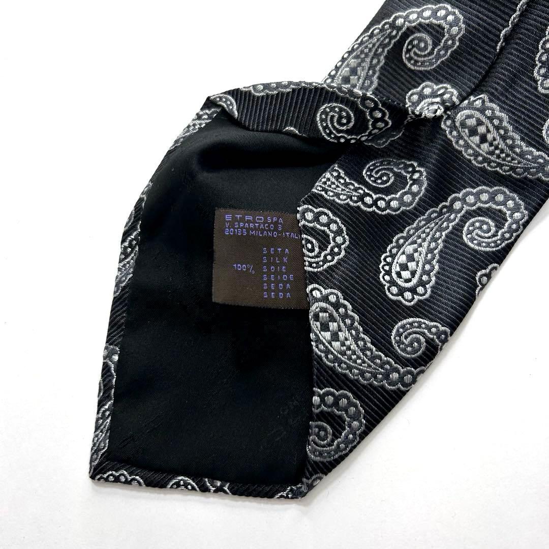 美品 エトロ ネクタイ シルク ペイズリー柄 ジャカード 黒 シルバー