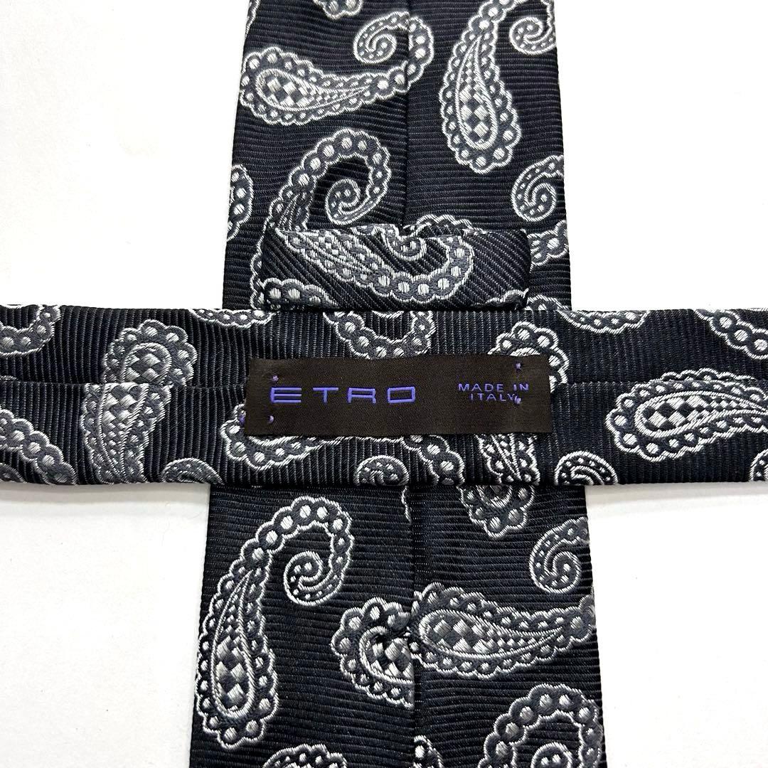 美品 エトロ ネクタイ シルク ペイズリー柄 ジャカード 黒 シルバー