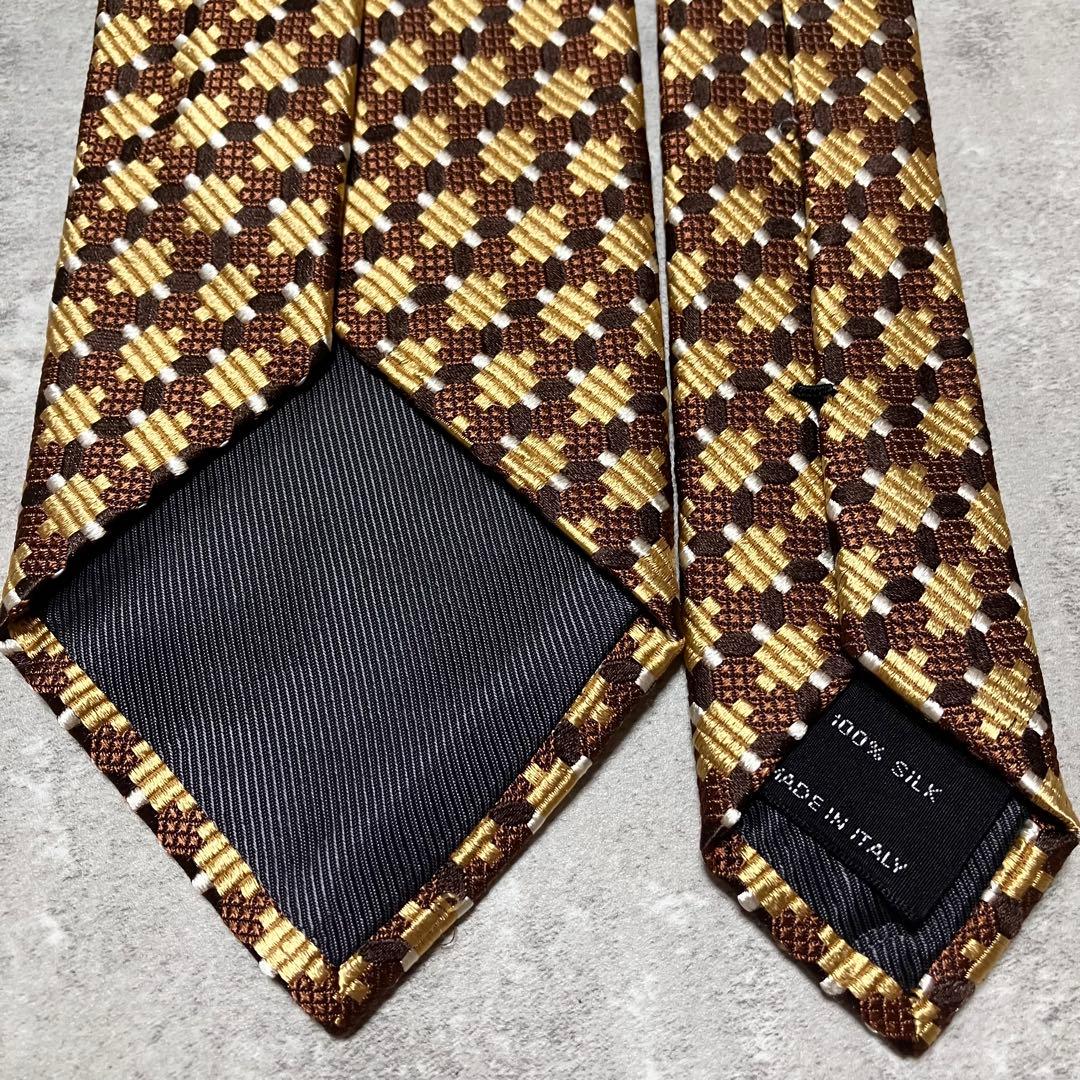極美品　トムフォード　ネクタイ　チェック　格子柄　光沢感　ジャガード織　ゴールド