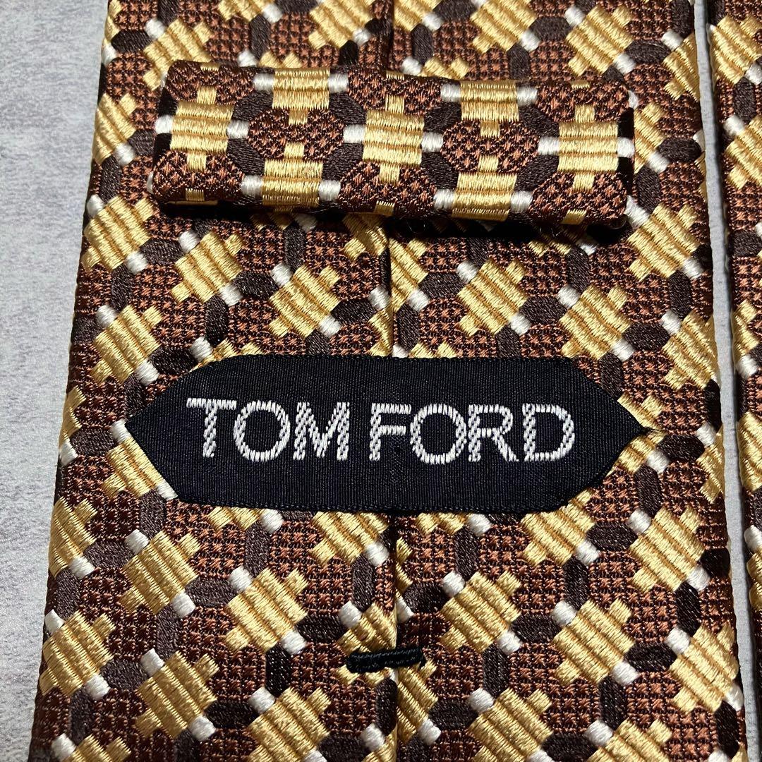 極美品　トムフォード　ネクタイ　チェック　格子柄　光沢感　ジャガード織　ゴールド